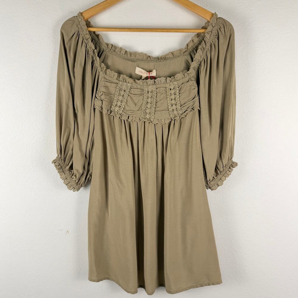 Solitaire Khaki Green Peasant Flowy Lace Square Neck Blouse Top Women's Large
